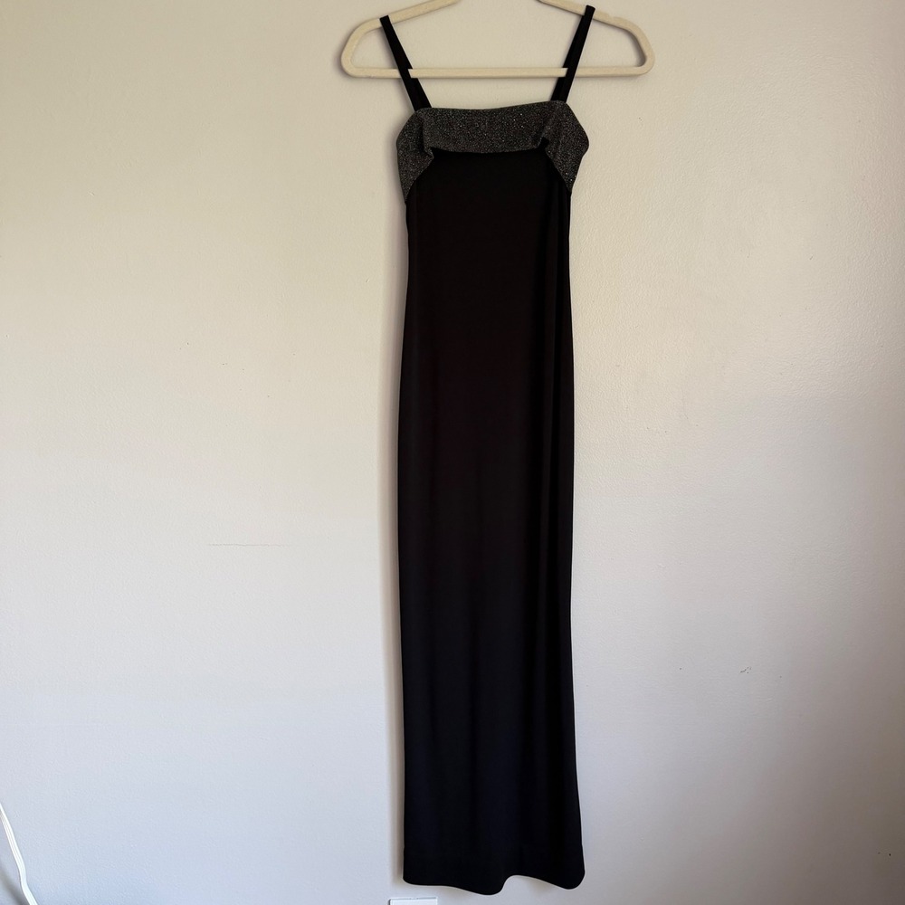 Vintage 90s Black Glitter Trim Maxi Dress Spaghetti Strap Formal Gown Size 3/4 - Picture 1 of 7